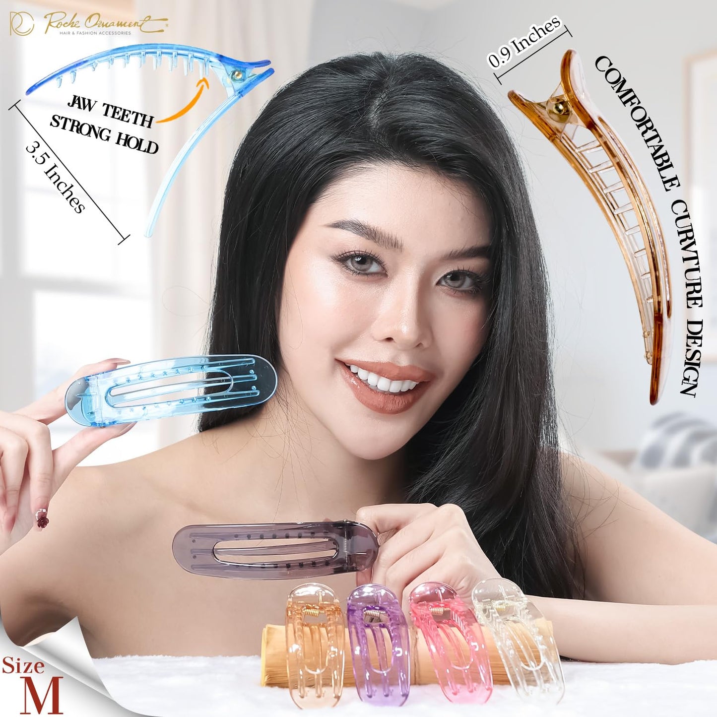 RC ROCHE 6 Pcs Flat Claw Hair Clips for Women Lay Down Barrettes No Crease Side Slide Thick Long Hair Duckbill French Against Head Jaw Claw Styling Clamp, Medium Transparent