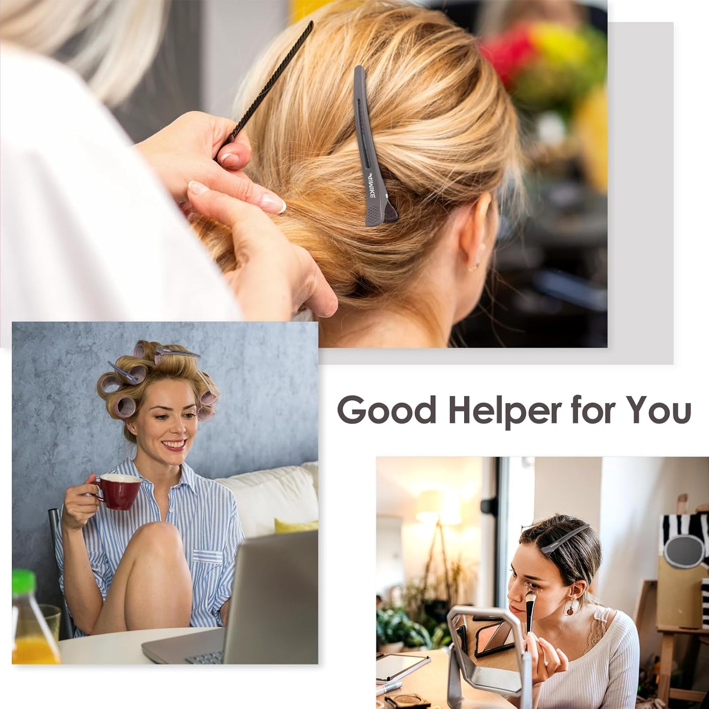 AIMIKE 12pcs No Crease Duck Billed Hair Clips with Silicone Band for Hair Styling, Rollers, Salon Sectioning & Cutting, Neutral