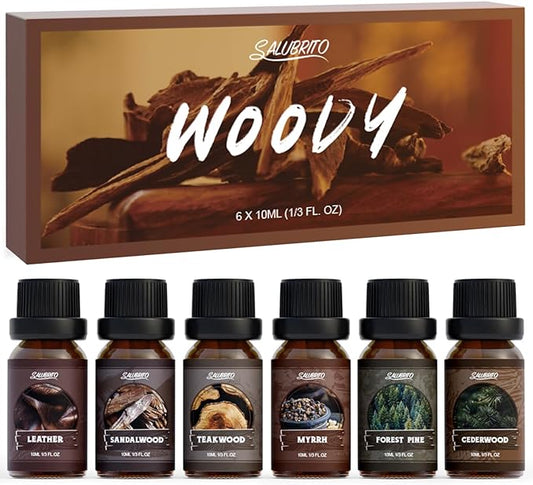 SALUBRITO Woody Fragrance Oils Set, Wood Essential Oil Set for Diffuse, Forest Pine, Sandalwood, Leather, Teakwood, Myrrh, Cedarwood Scented Oil for Candle, Soap Making