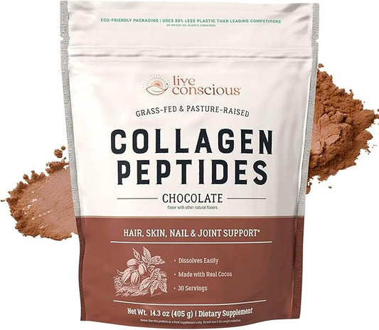 Live Conscious Collagen Peptides Powder - Chocolate Collagen Powder - Hair, Skin, Nail, and Joint Support - Type I & III Grass-Fed Collagen Supplements for Women and Men - 30 Servings - 14.3oz