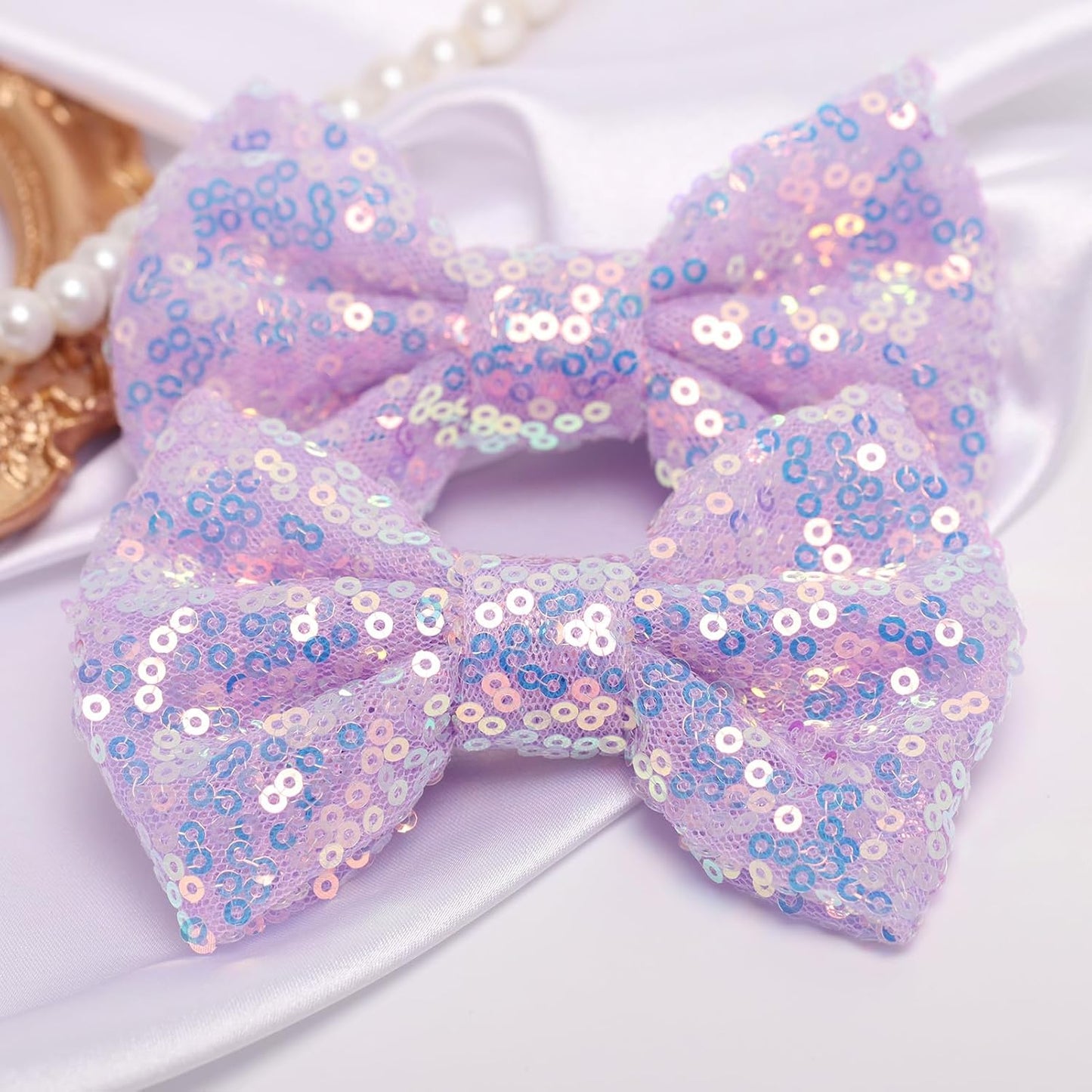 KISZU 4 Inch Sequin Glitter Hair Bows Clips, Sparkling Bling Little Bow HairPins Hair Accessories for Baby Girls Kids Children Teens and Women (Light Purple)