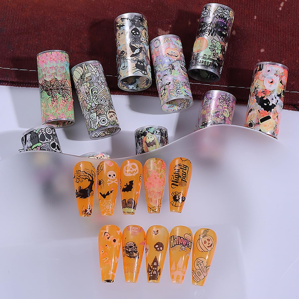 Halloween Nail Art Foils Transfer Stickers Halloween Nail Art Stickers Decals 10Rolls Pumpkin Spider Web Ghost Spider Nail Foils Adhesive Decals Nail Supplies for Women Holiday DIY Manicure Decoration
