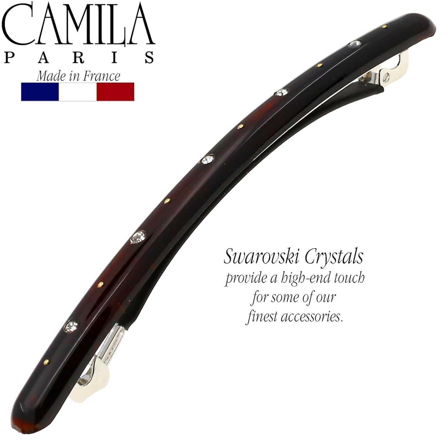 Camila Paris CP2849 French Hair Barrette Large Tortoise Shell, Long Skinny Strong Hold Grip Hair Clips for Women, Thin Rubberized Automatic Clasp No Slip Styling Girls Hair Accessories, Made in France