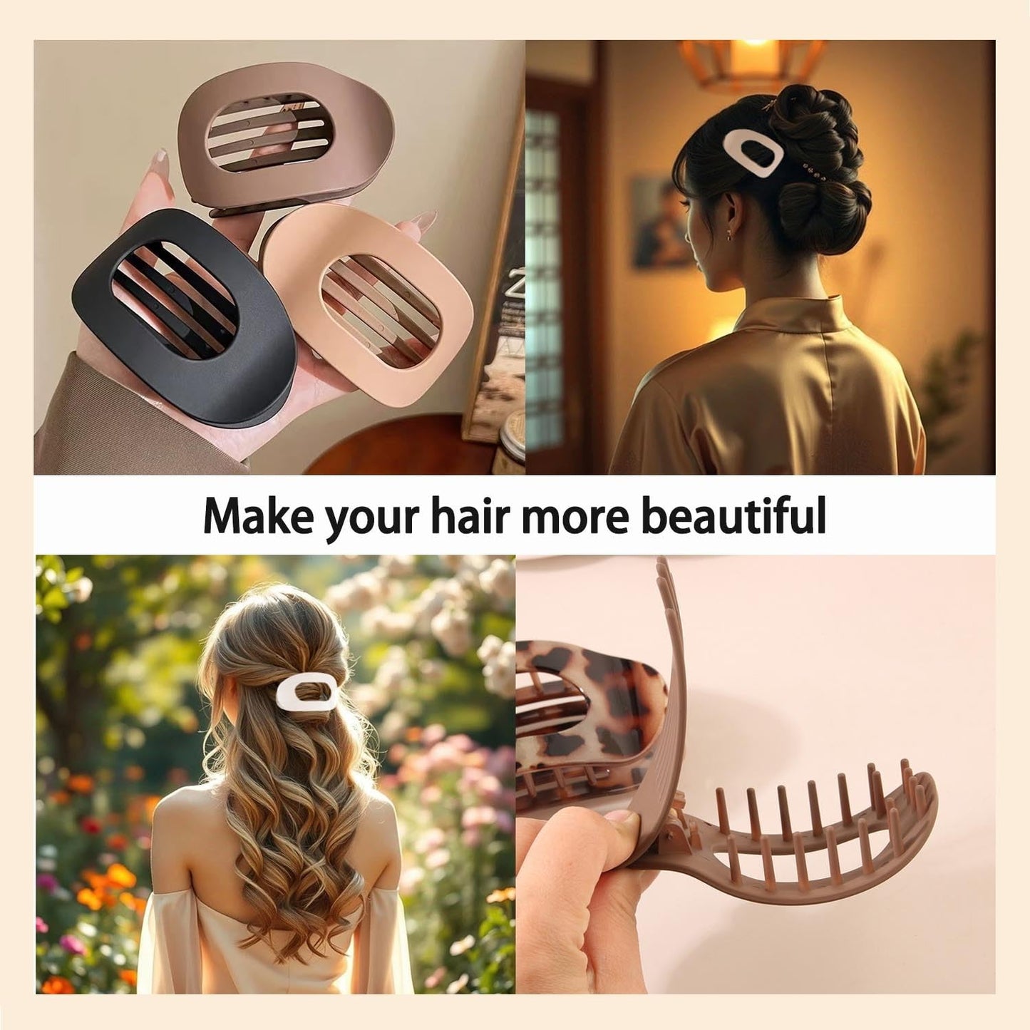 4 Pack Flat Hair Claw Clips for Women Nonslip French Hair Clips for Thick, Thin, Long, or Short Hair Tortoise Shell Comfortable & Strong Hold for Daily Wear, Weddings