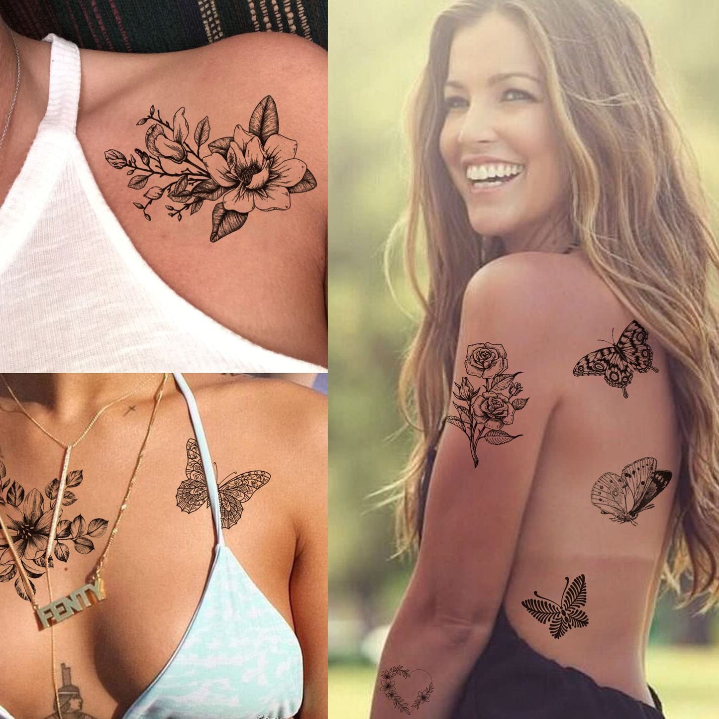 Tazimi 6 Sheets Black Flower Butterfly Temporary Tattoos For Women Girls Long Lasting Realistic Waterproof Fake Tattoos Arm Legs Chest Body Art Sketch Tattoo Stickers