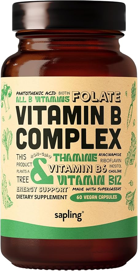 Vegan Vitamin B Complex - Whole Food Blend with Essential B Vitamins B1, B2, B3, B5, B6, B7, Folate, B12-60 Caps