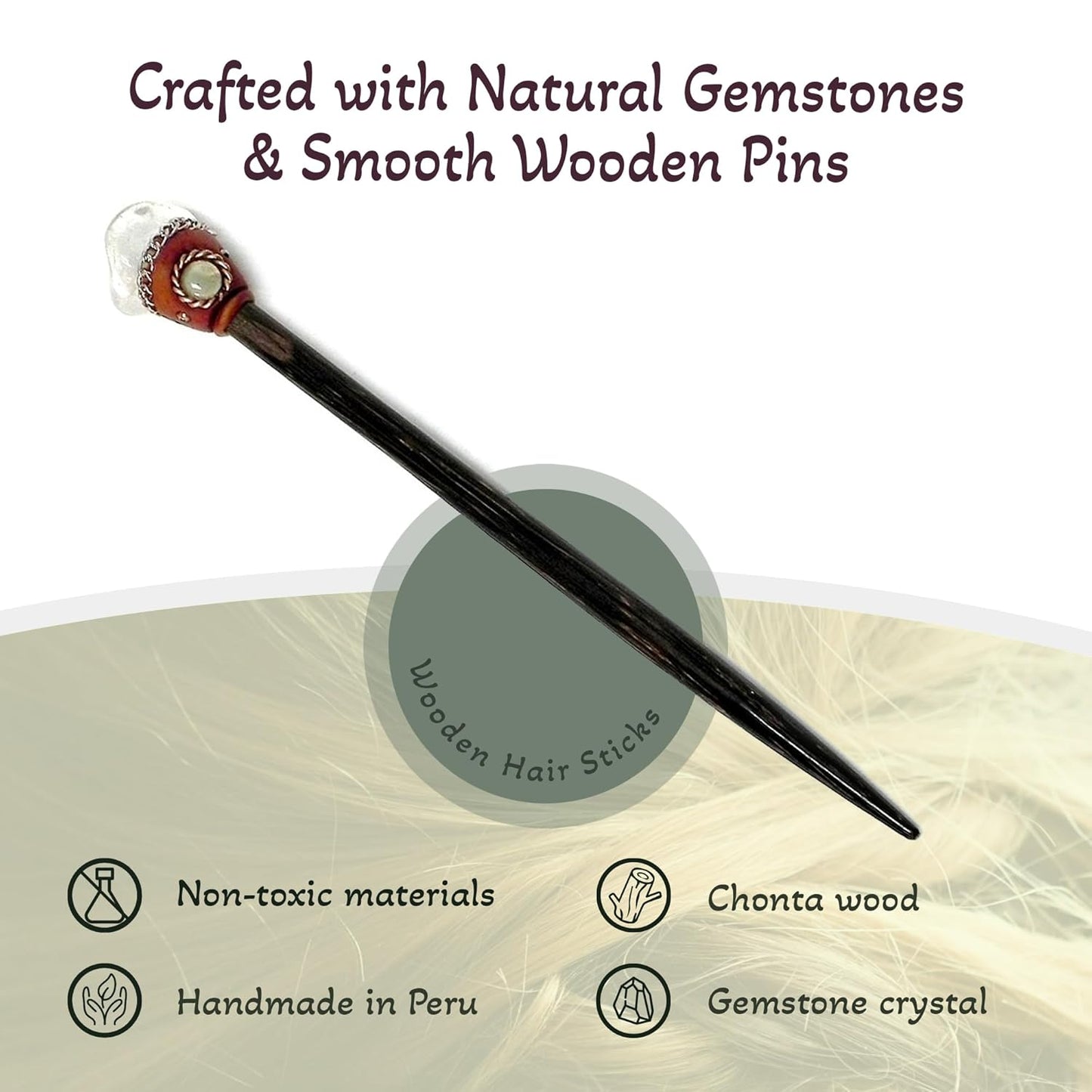 Mia Jewel Shop - Natural Tumbled Healing Gemstone Crystal Chonta Wooden Hair Sticks – Handmade Hair Sticks for Women | Hair Pins Boho Reiki Accessories, Fashion Gifts (Clear Quartz)