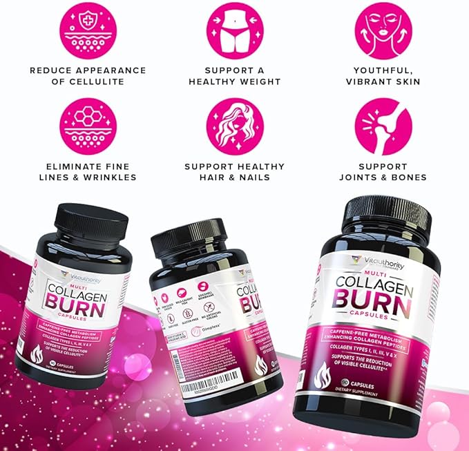 Multi Collagen Burn: Multi-Type Hydrolyzed Protein Peptides with Hyaluronic Acid, Vitamin C, SOD B Dimpless, Types I, II, III, V and X, Caffeine-Free (Unflavored Capsules)