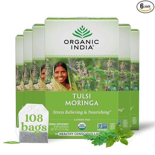 ORGANIC INDIA Tulsi Moringa Tea Bags - Holy Basil, Lemongrass, Moringa Leaves, Stress Relieving & Nourishing, Immune Support Tea, Vegan, Certified Organic, Caffeine-Free - 18 Infusion Bags, 6 Pack
