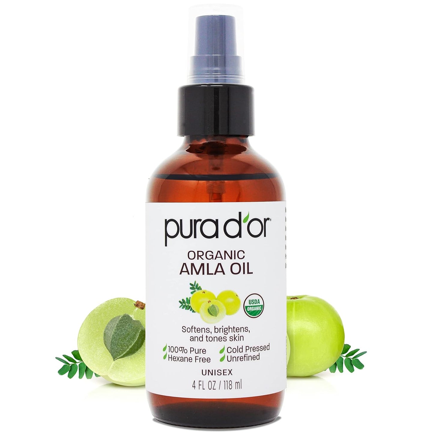 PURA D'OR 4 Oz ORGANIC Amla Oil, 100% Pure USDA Certified Premium Grade, Cold Pressed, Unrefined, Extra Virgin, Hair Serum & Thickening Hair Product w/Pump for Women & Men