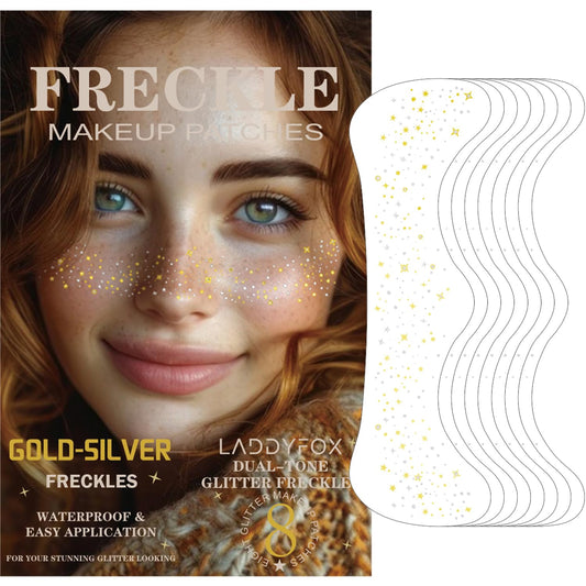 8 Pcs Gold Face Makeup Patches, Gold & Silver Glitter Freckles Face Tattoo, Glitter Freckles, Sparkle Makeup Patches, Waterproof Face Glitter Speckles Patches for Women