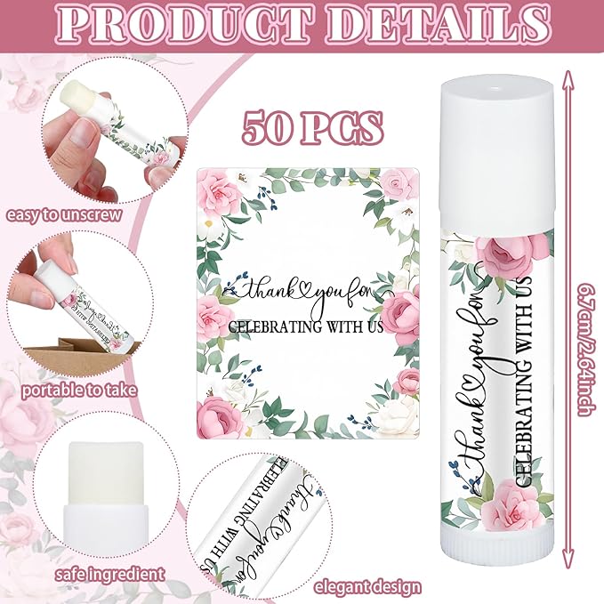 50 Pcs Pink Flowers Wedding Bridal Shower Gifts Bulk Floral Lip Balm Baby Shower Party Favors Thank You Appreciation Gifts for Women Tea Bachelorette Party