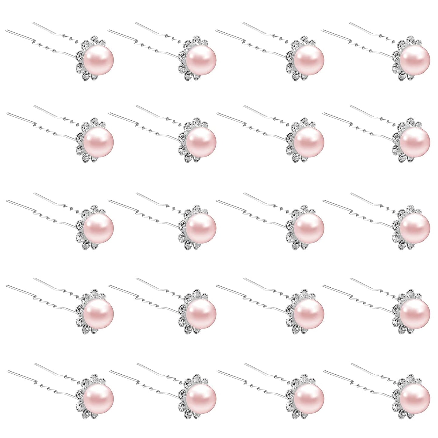 20 Pack (Pink) Pearl Crystal Hair Pins Flower Rhinestone Hair Clips for Bridal Wedding Women Hair Jewelry Accessories, with Clear Container