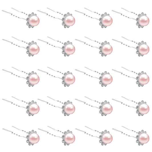 20 Pack (Pink) Pearl Crystal Hair Pins Flower Rhinestone Hair Clips for Bridal Wedding Women Hair Jewelry Accessories, with Clear Container