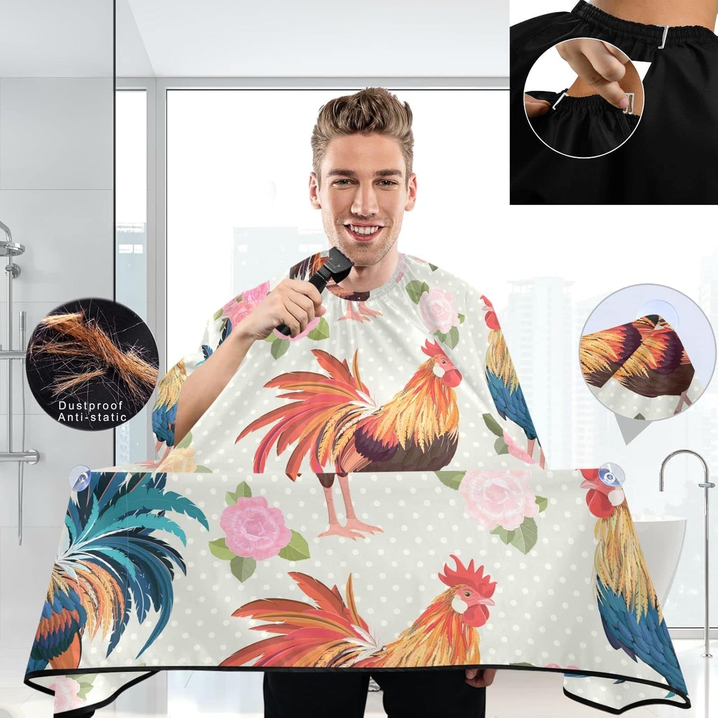 visesunny Barber Cape Cute Rooster Rose Polyester Hair Cutting Salon Cape Apron Anti-Static Haircut Water-Resistant Shaving Cloth Beard Shaving Bib Hairdressing Cape