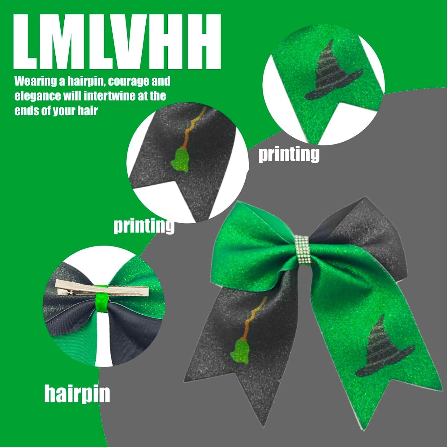 2Pcs Green & Pink Hair Bows – Witch Hair Accessories, Witch Merch Gifts for Women, Inspired Clips for Musical Fans & Costume Parties (Green)