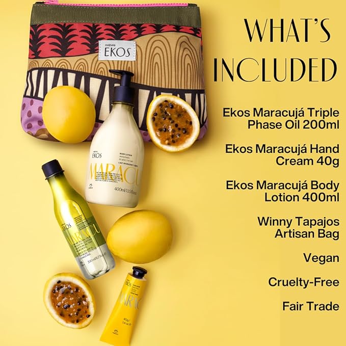 natura Ekos Maracujá Soothing Ritual Gift Set (3 Products) - Body Lotion, Shower Oil and Hand Cream - Gift Box and Make Up Bag - Vegan Skincare - Brazilian Beauty Secrets - Self Care & Body Care