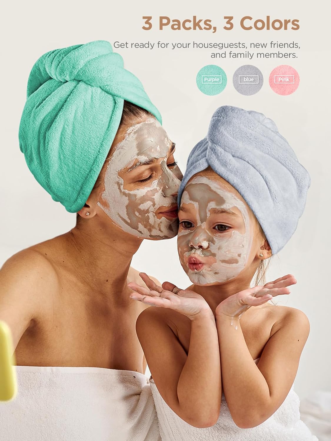 Hicober Microfiber Hair Towel, 3 Packs Hair Turbans for Wet Hair, Drying Hair Wrap Towels for Curly Hair Women Anti Frizz (Pink,Blue,Green)