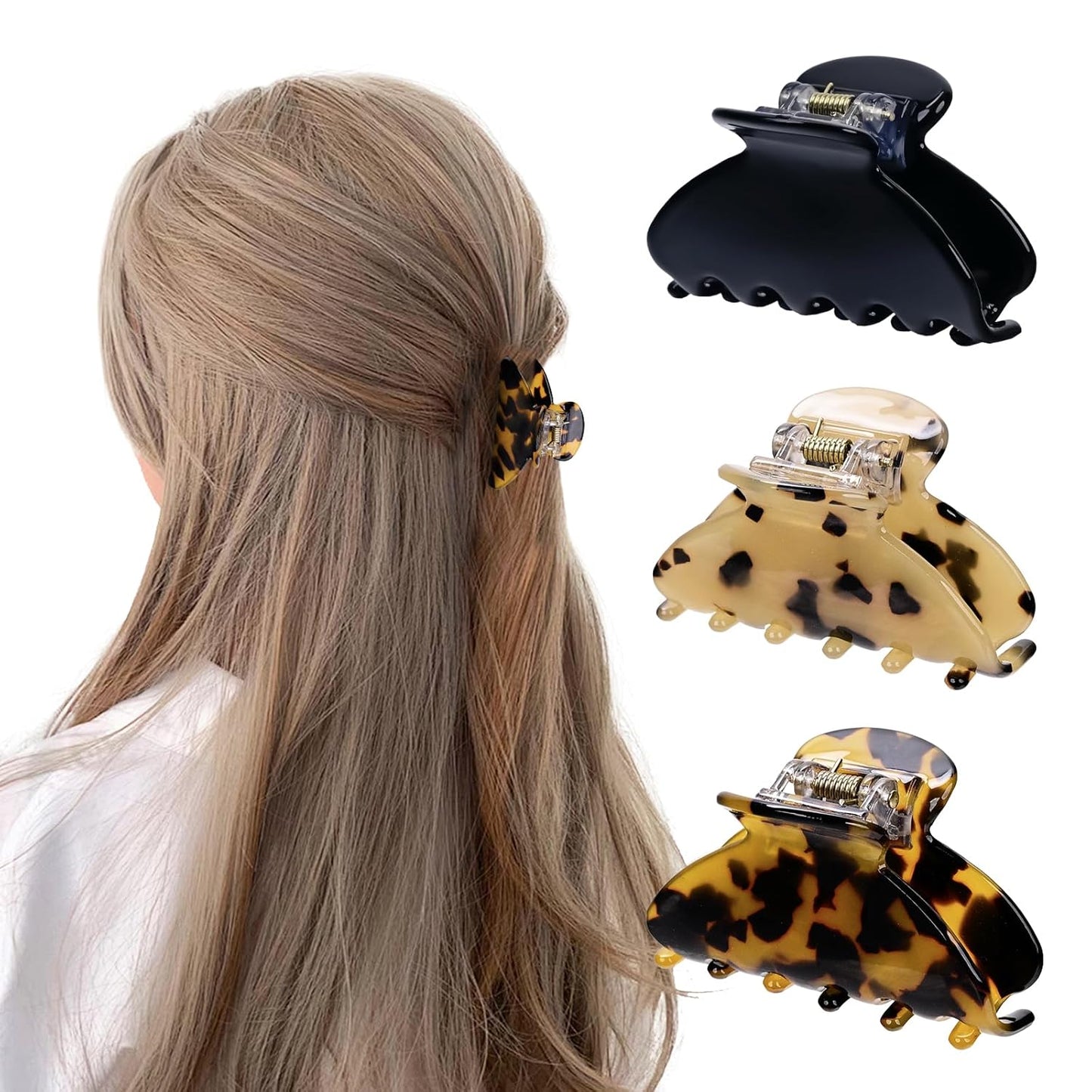 3 Pack Women's Hair Clips Set black - Vintage Tortoise & Leopard Print Non-Slip Claw Clips, Celluloid Jaw Clamps for Medium Hair Hair Accessories Gift for Women