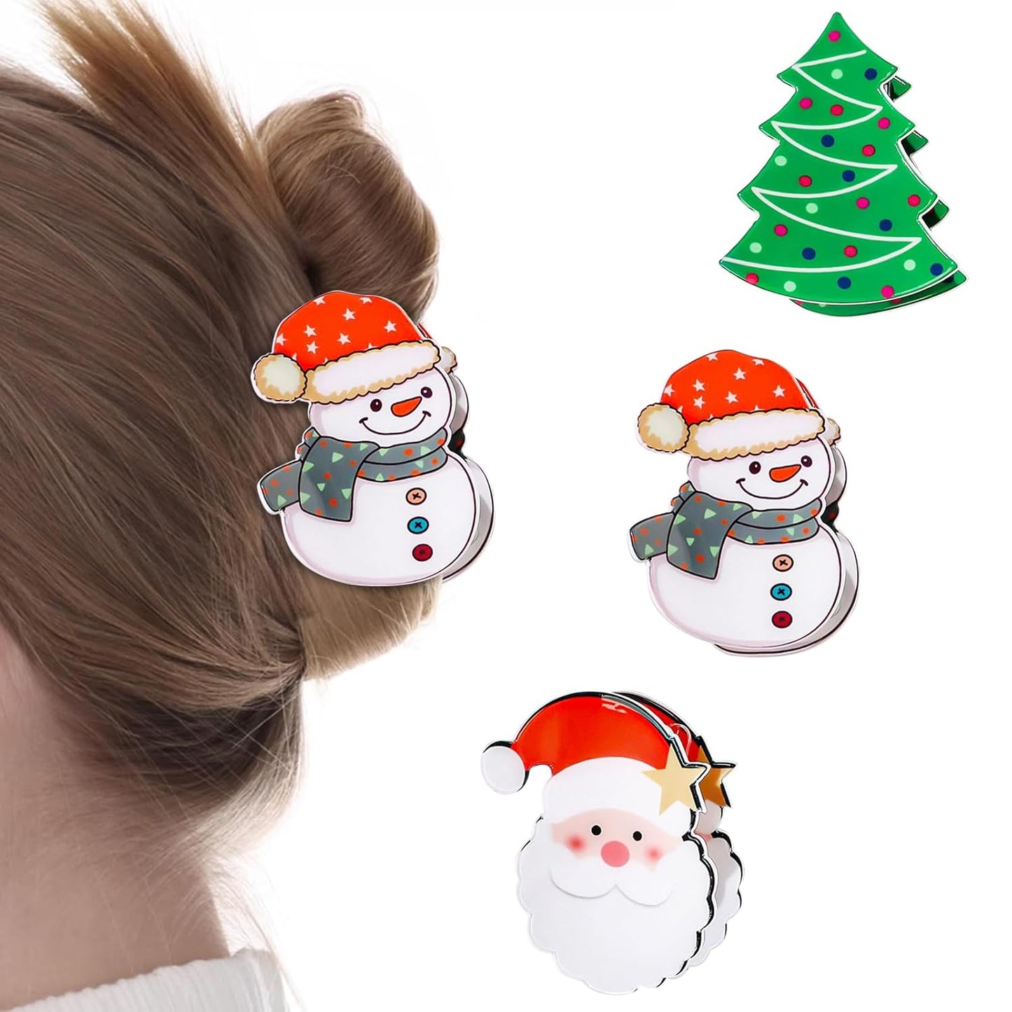 3 Pcs Christmas Hair Clips for Women Girls, Cute Snowman Tree Cartoon Old Man Hair Claw Clips, Large Hair Claw, Christmas Hair Accessories, Winter Xmas Claw Clips for Thick Hair and Thin Hair