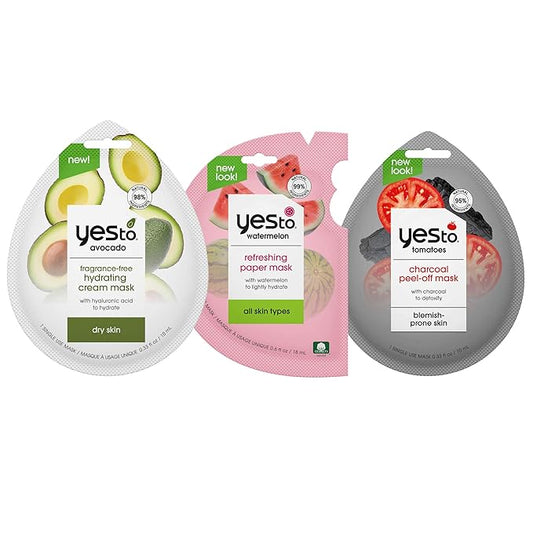 Yes To Avocado, Watermelon & Tomatoes Mask Variety Pack, Refreshing, Hydrating, & Detoxifying Masks Ideal For All Skin Types, With Antioxidants, Natural, Vegan & Cruelty Free, 3-Pack