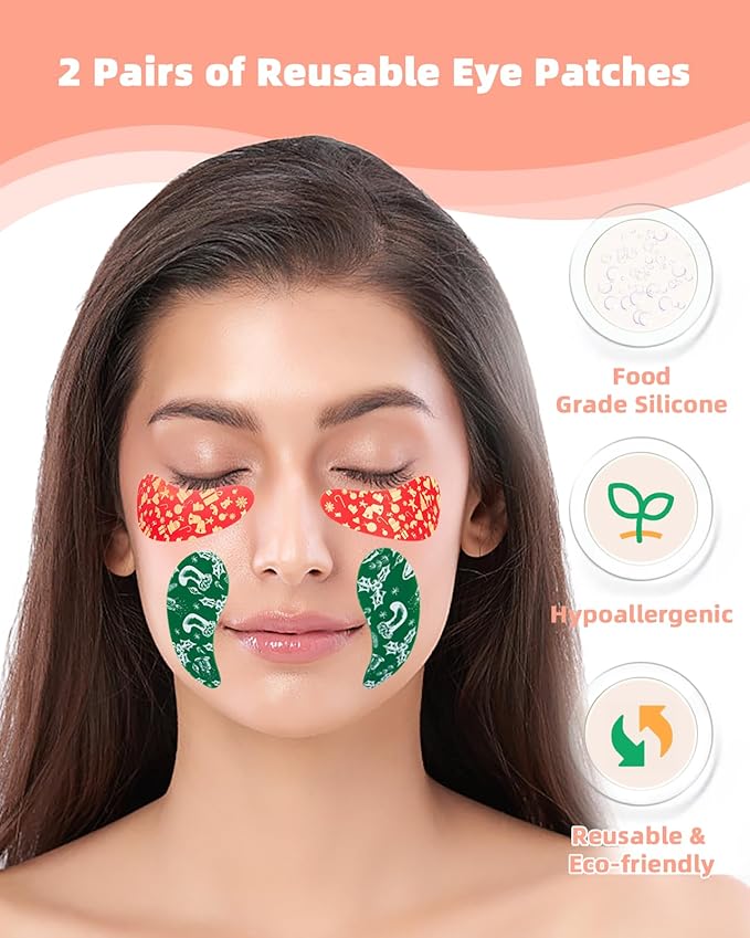 Under Eye Patches Silicone - 2 Pairs Reusable Eye Patches, Christmas Gifts for Women, Eye Wrinkle Patches, Reusable Under Eye Mask, Plump Fine Lines & Wrinkles, Christmas Red & Green
