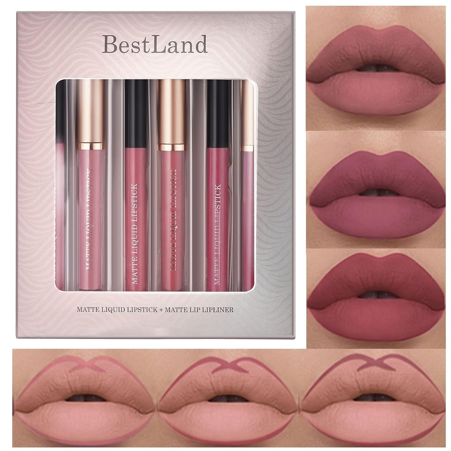 BestLand 6Pcs Matte Liquid Lipstick and Lip Liner Set, Non-Stick Cup Not Fade Waterproof 24 Hour Lip Gloss Nude Brown Lip Liner Pencil for Women, labiales mate 24 horas originales (Set C)