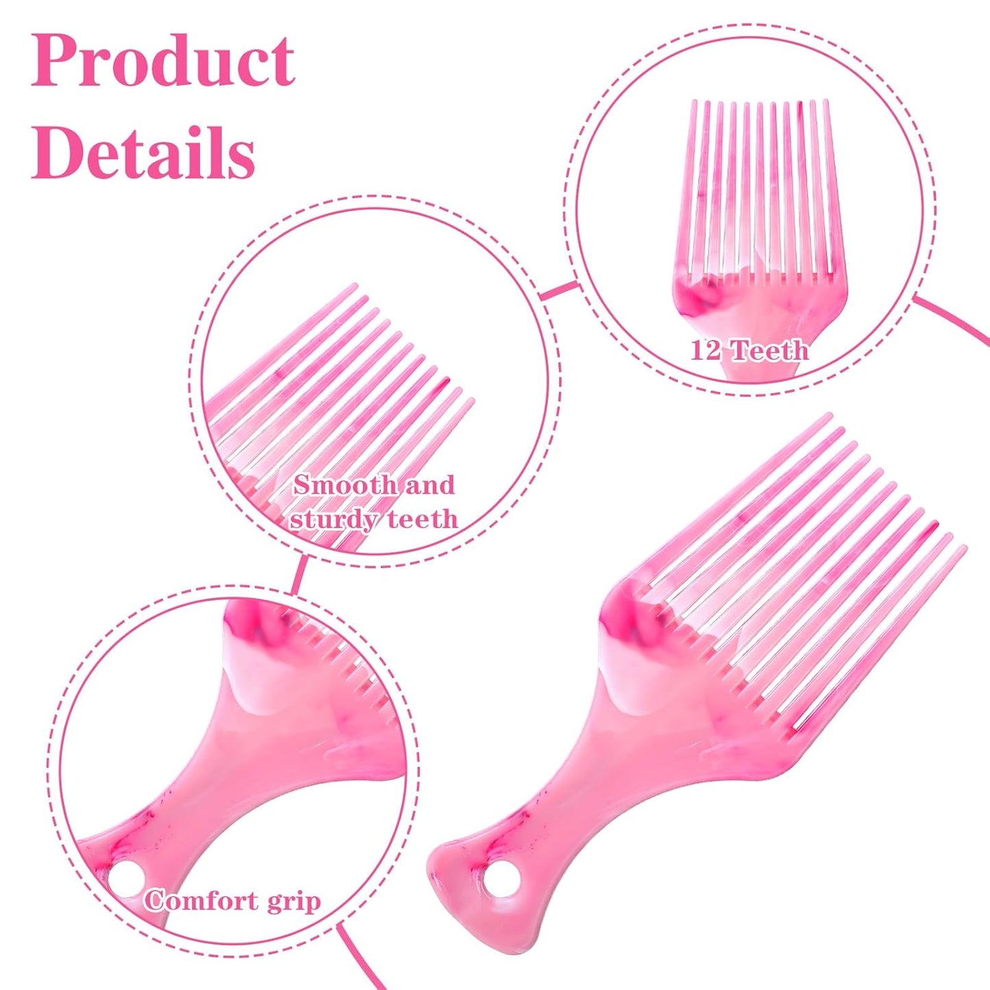 2 PCS Pink Comb, Wide Tooth Hair Picks Comb for Hair Styling, Hanging Pick Combs for Curls Women Men