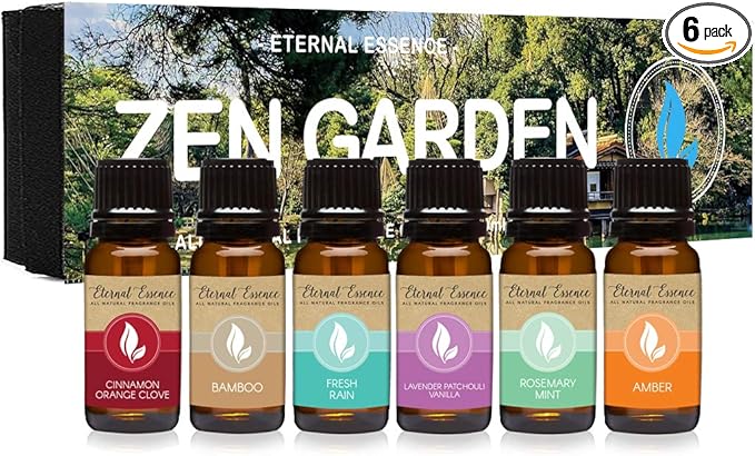 Eternal Essence Oils Zen Garden Set of 6 Premium Fragrance Oils - Includes Cinnamon Orange Clove, Bamboo, Fresh Rain, Lavender Patchouli Vanilla, Rosemary Mint & Amber Scented Oils - 10ML