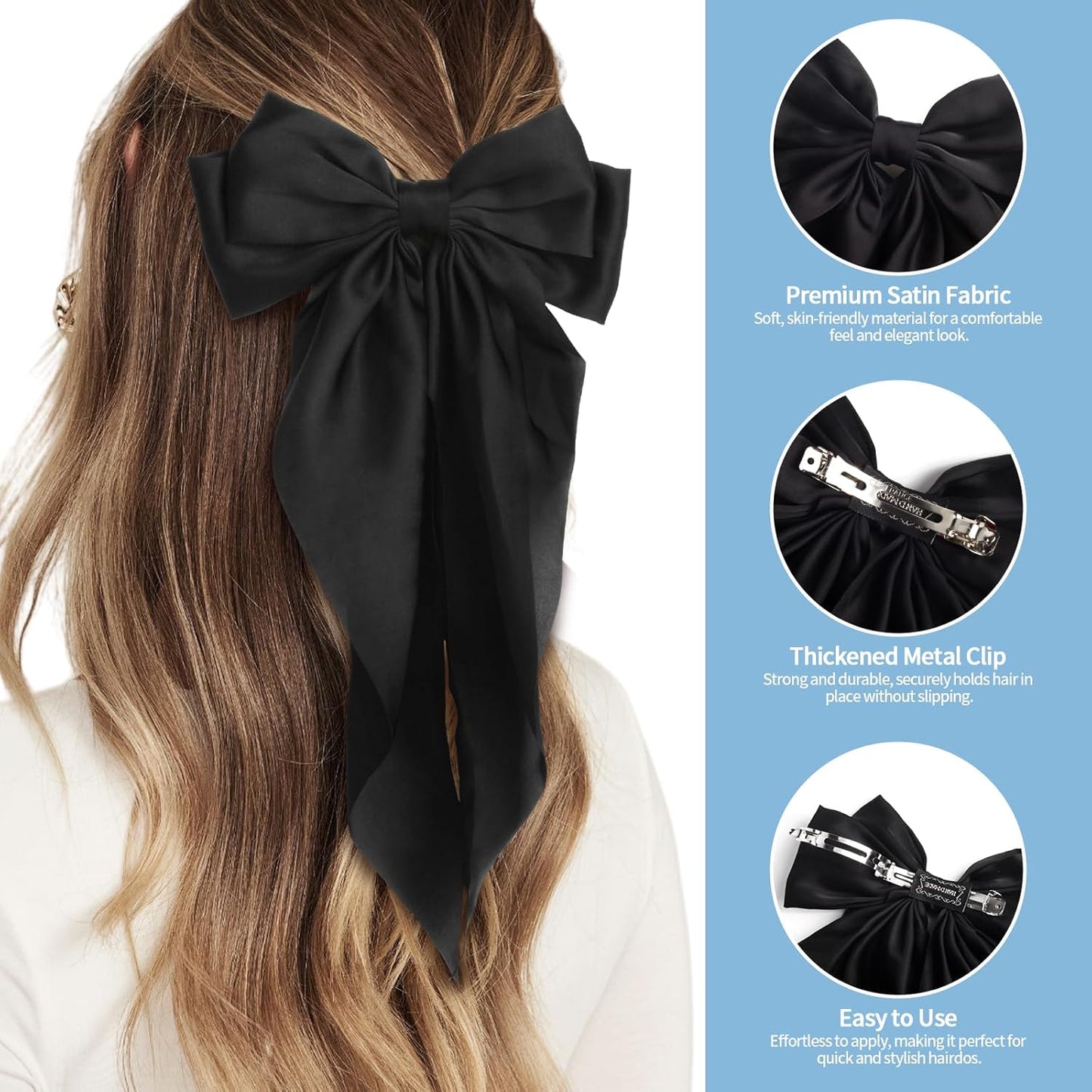 Silky Satin Hair Bows for Women Girls - 4PCS Ribbon Bows for Hair, Big Bow Hair Clips with Long Tail, Barrettes - Cute Hair Accessories Gifts (Black, Navy, Butterfly, White)