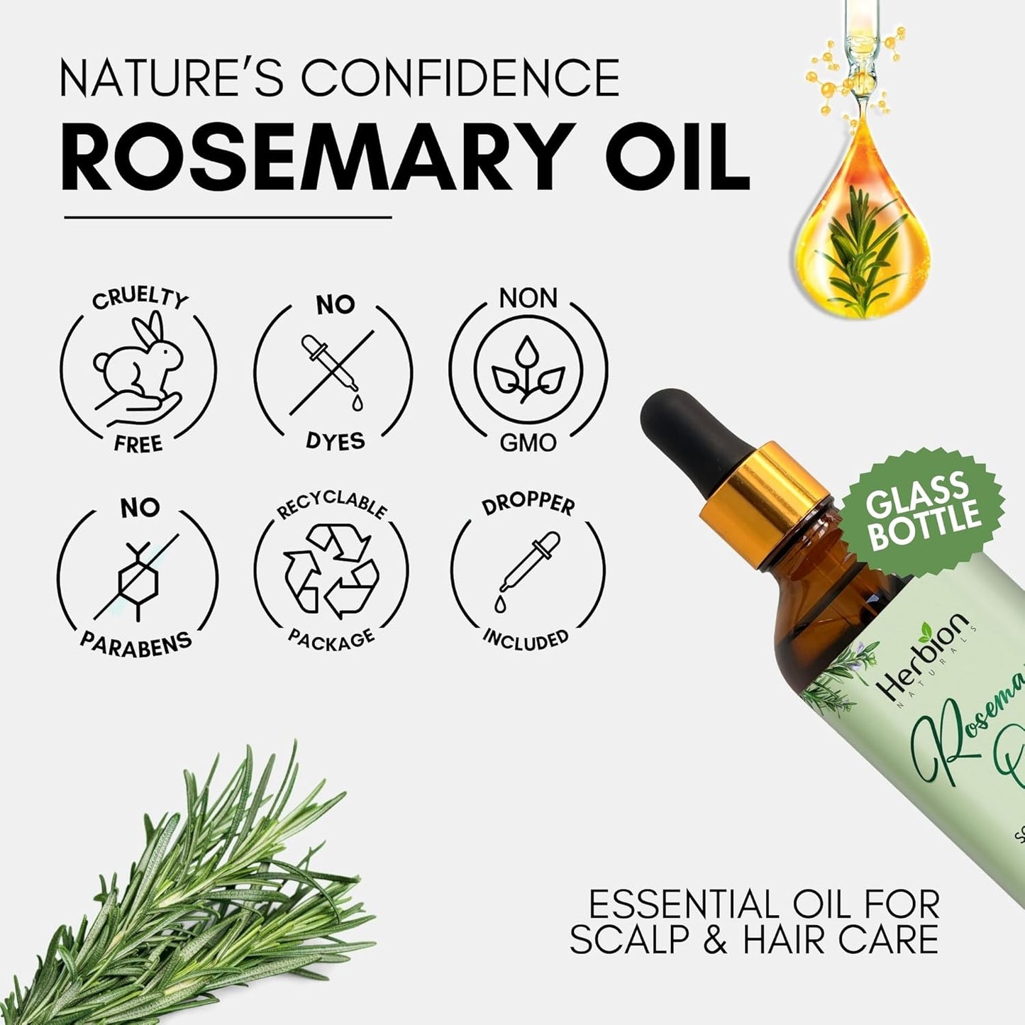 HERBION Naturals Rosemary Hair Oil, 3.4 fl Oz: Ultimate Hair Growth Oil, Infused with Essential Oils for Scalp and Hair Care, Hair Growth Serum with Lavender & Tea Tree, Glass Bottle