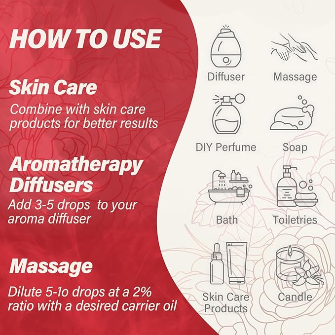 Rose Essential Oil Pure Organic Rose Oil for Diffuser, Perfume, Massage, Aroma, Bath - 10ML