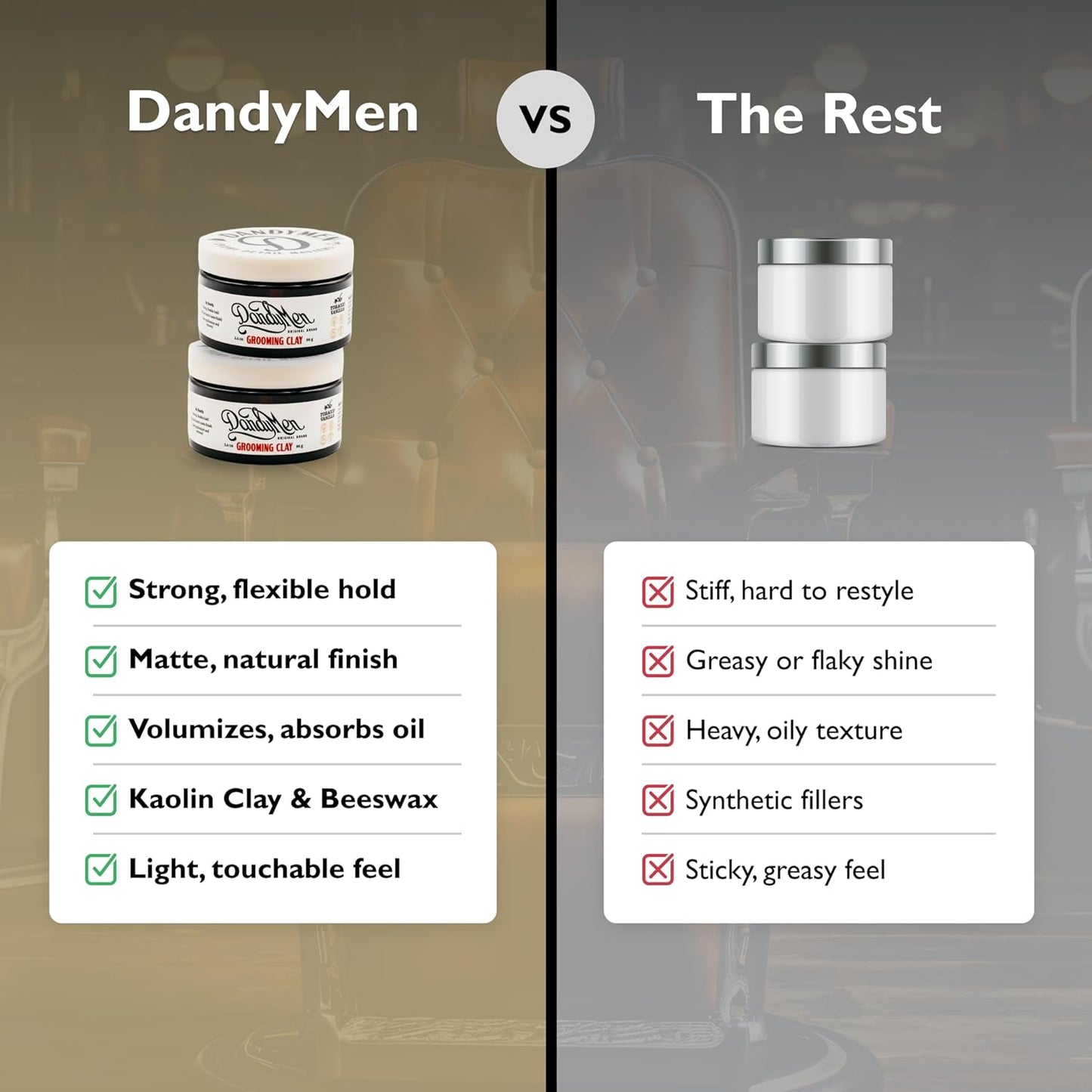 Grooming Clay – Strong Hold, Natural Matte Finish, and Flexible Styling with Kaolin Clay & Beeswax – Tobacco Vanilla Scent – 3.4 oz (2-pack)