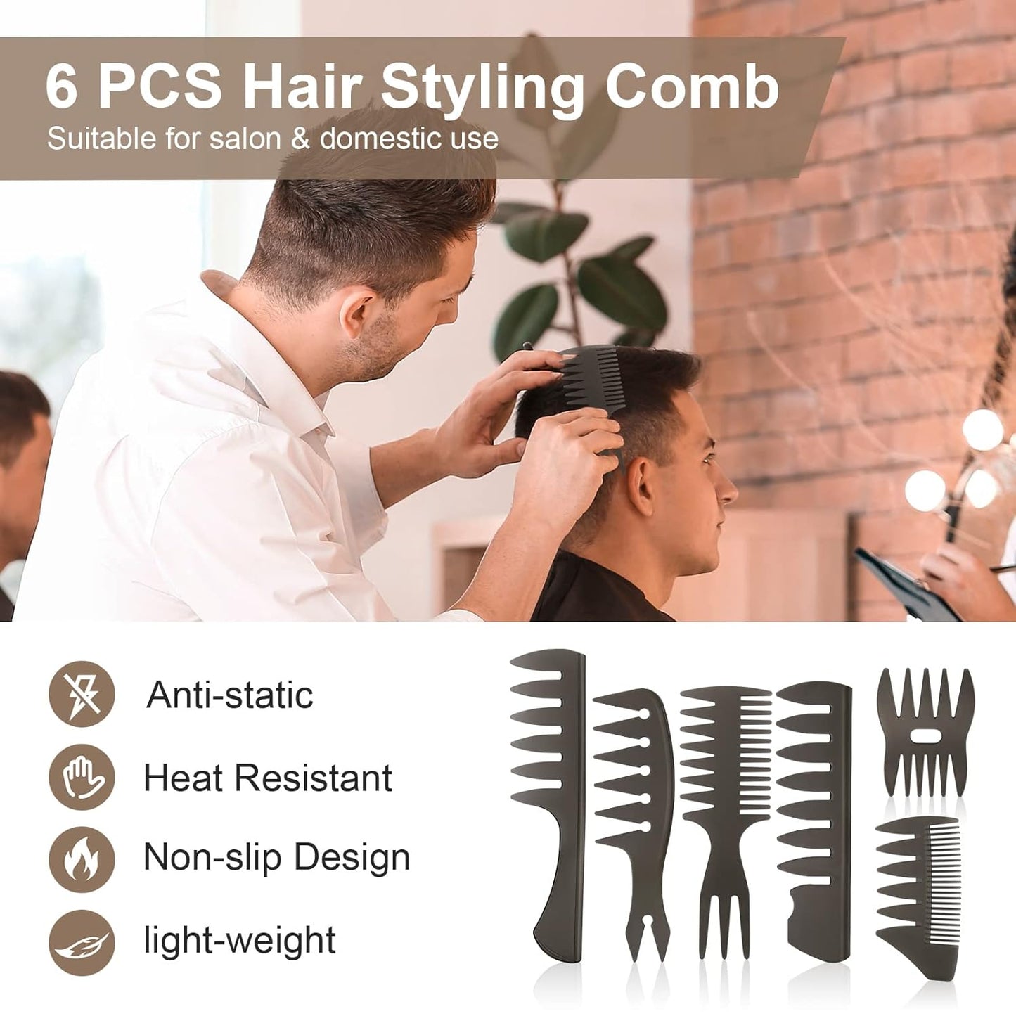 URAQT 6-Pcs Wide Tooth Hair Comb Set, Professional Styling & Wet Pick Pompadour Comb, Anti-Static Hairdressing Comb for Men and Women