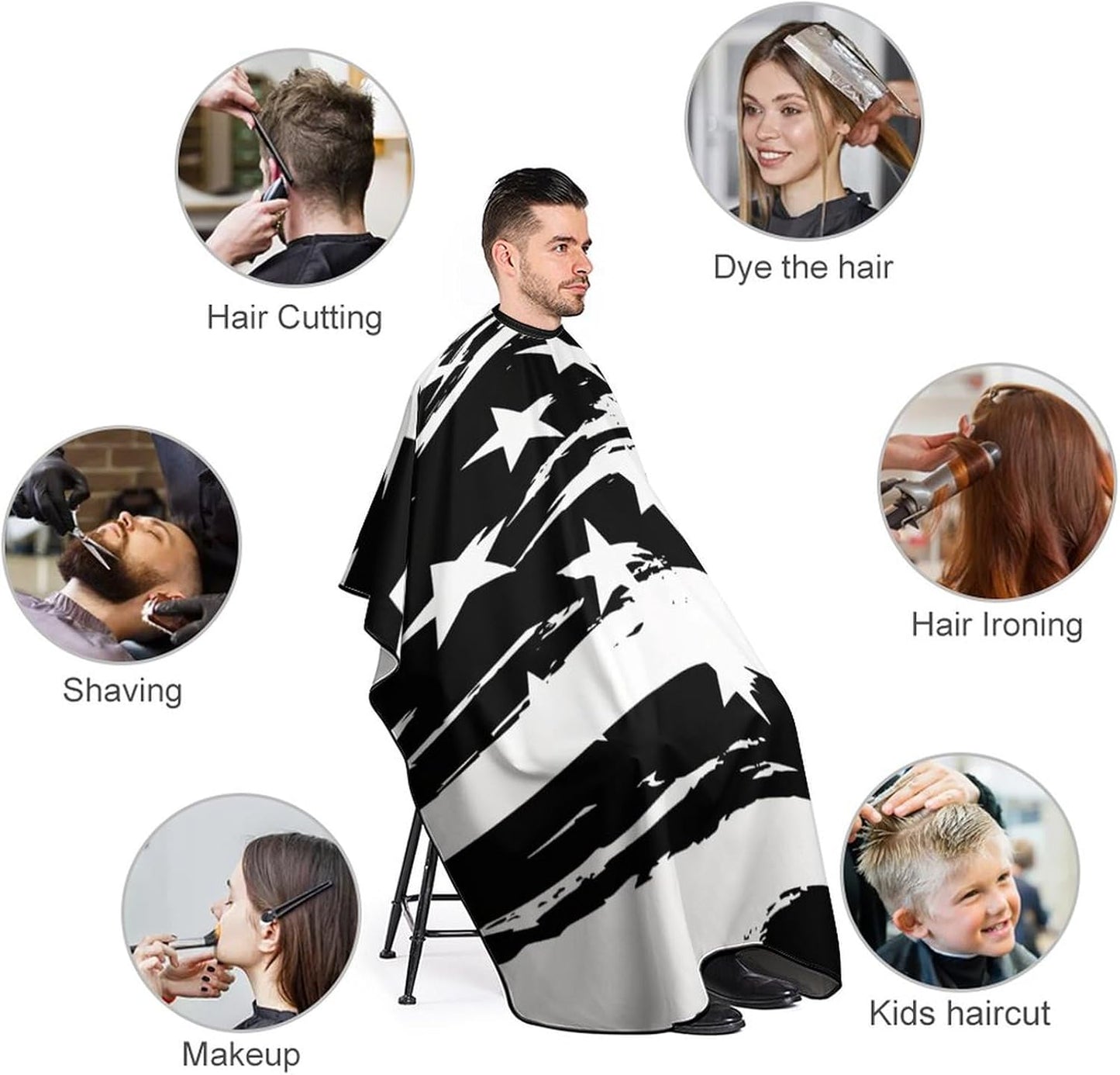 Salon Cape for Women, Waterproof Black White Stripes American USA Flag Art Barber Hairdressing Cape Large Long Hairdressing Haircut Apron Hair Cutting Gown, & Chemical Resistant