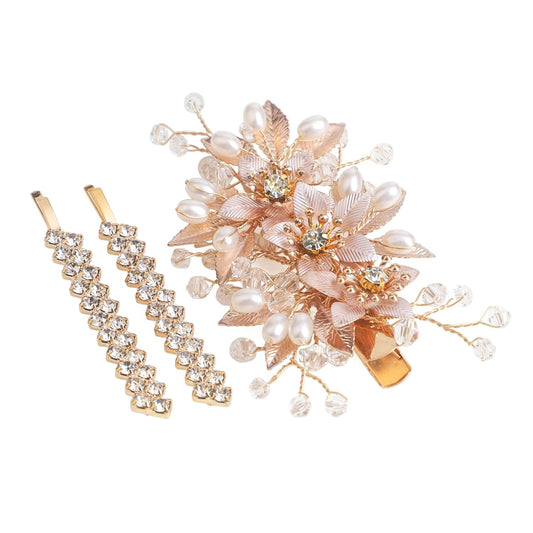 Wedding Hair Clips Set of 3 PCS - Floral Rhinestone Pearl Hair Accessories for Bridal Women (Gold)