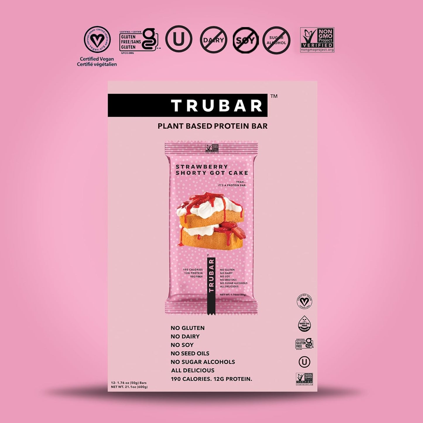 TRUBAR Vegan Protein Bar, Strawberry Shorty Got Cake, Gluten Free, Plant Based Protein, Dairy Free, Non GMO, Soy Free, No Sugar Alcohols, 12G Protein, 12G Fiber, 23G Carb, On the Go Snack Bars, 12 CT