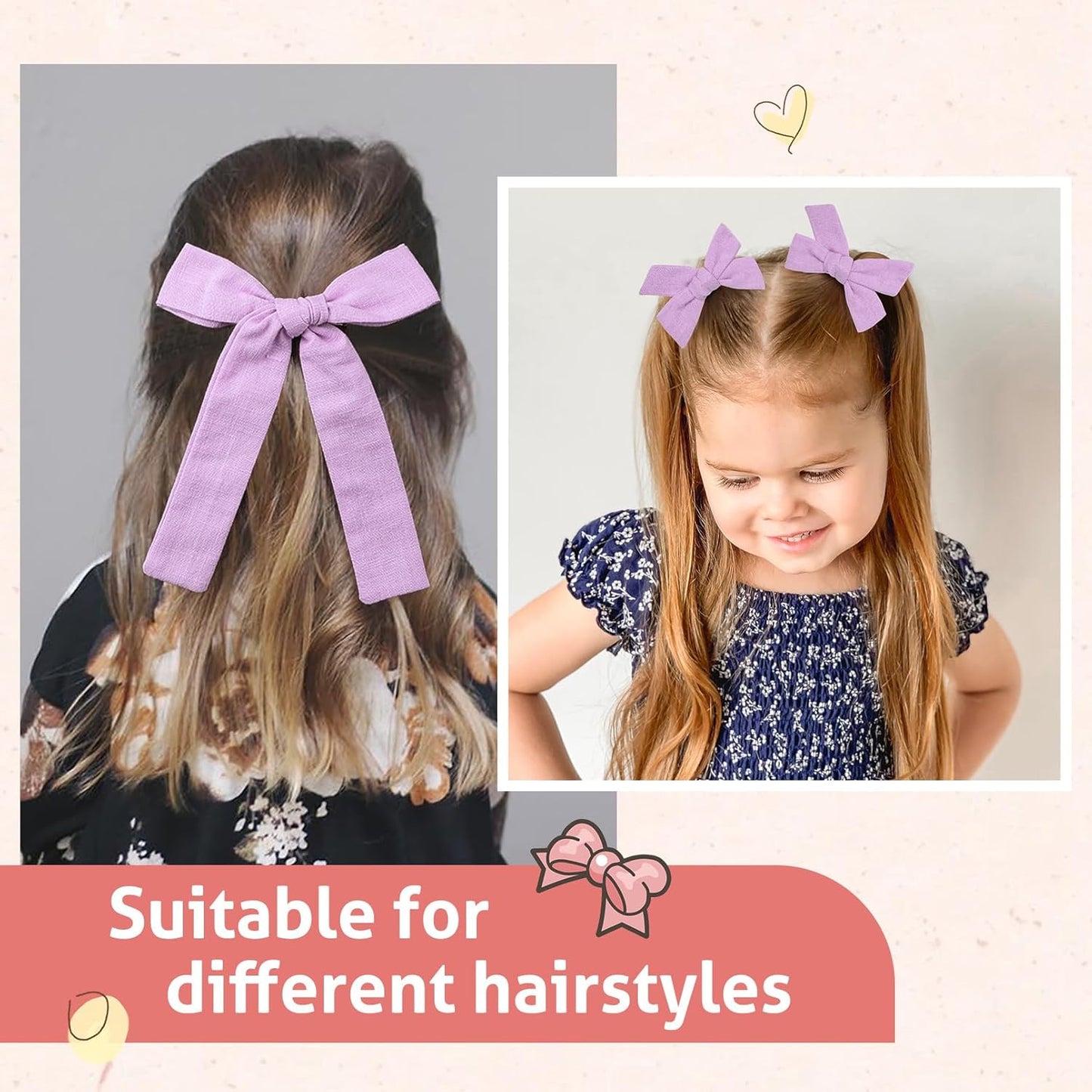 DEEKA Light Purple Cotton Linen Hair Bows 2 Sizes 5"&3.5" Soft Hair Bow set for Toddler Girls Long Ponytail Knot Bows Alligator Clip Hair Accessories for Little School Girls (Light Purple)