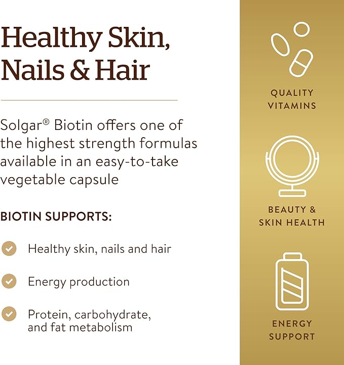 Solgar Biotin 10000 mcg Vegetable Capsules Energy Metabolism Promotes Healthy Skin Nails Hair Super High Potency NonGMO Vegan Gluten Free Dairy Free Kosher Servings, Standard Packaging, Unflavored, 120 Count