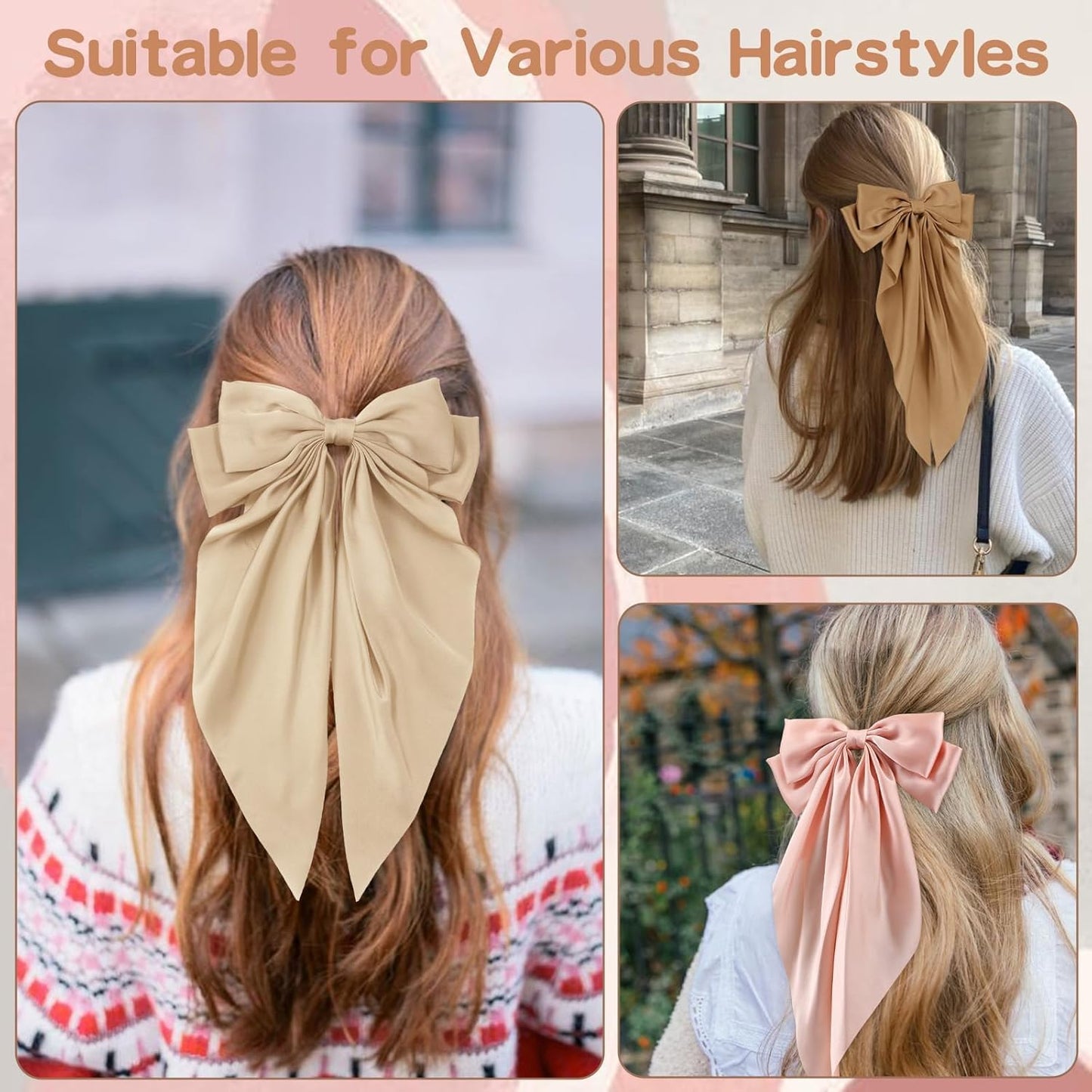 6 PCS Hair Bows for Women, Big Bow Hair Clips for Girls, Silky Satin Hair Bows Clips Oversized Long Tail, Large Hair Barrettes Cute Hair Accessories, Metal Bow Clips for Hair Khaki Color