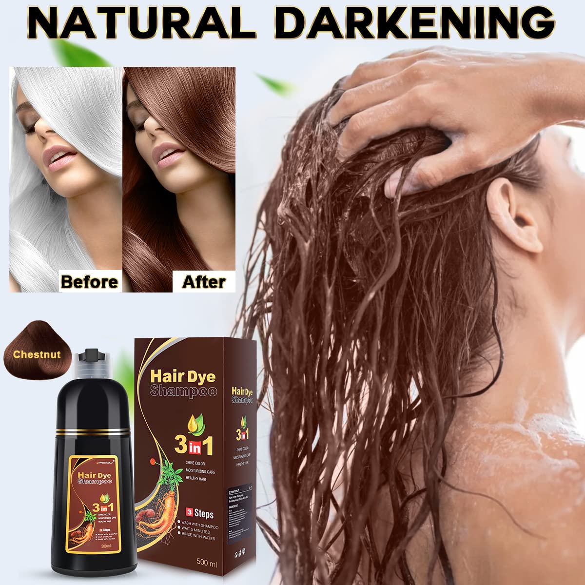 IIIMEIDU Chestnut Brown Hair Dye, Herbal Hair Color for Gray Hair Coverage, Color Shampoo for Women and Men, 3 in 1 Natural Ingredients, 500ml