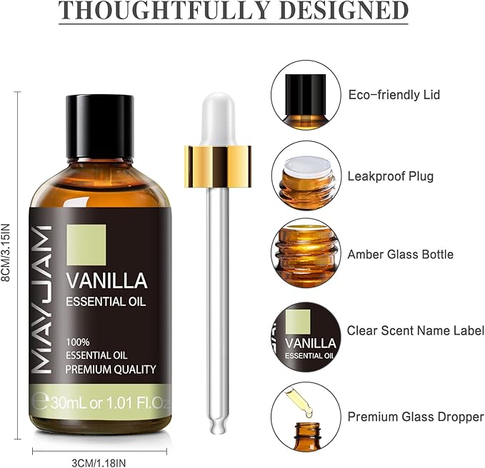 Vanilla Essential Oil 30ml/1.01fl.oz, MAYJAM Premium Vanilla Oils for Aromatherapy, Diffuser, Soap Making, Candle Making, Long Lasting Scents