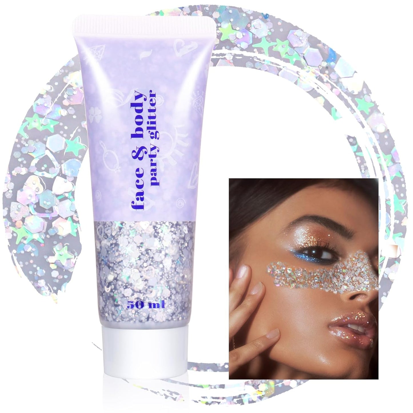 Boko 50ML Body Glitter Gel, Holographic Silver Chunky Glitter Gel for Face Hair Body Sparkle Makeup, Mermaid Face Glitter Sequins for Christmas Festival Concert Party Event Rave Accessories