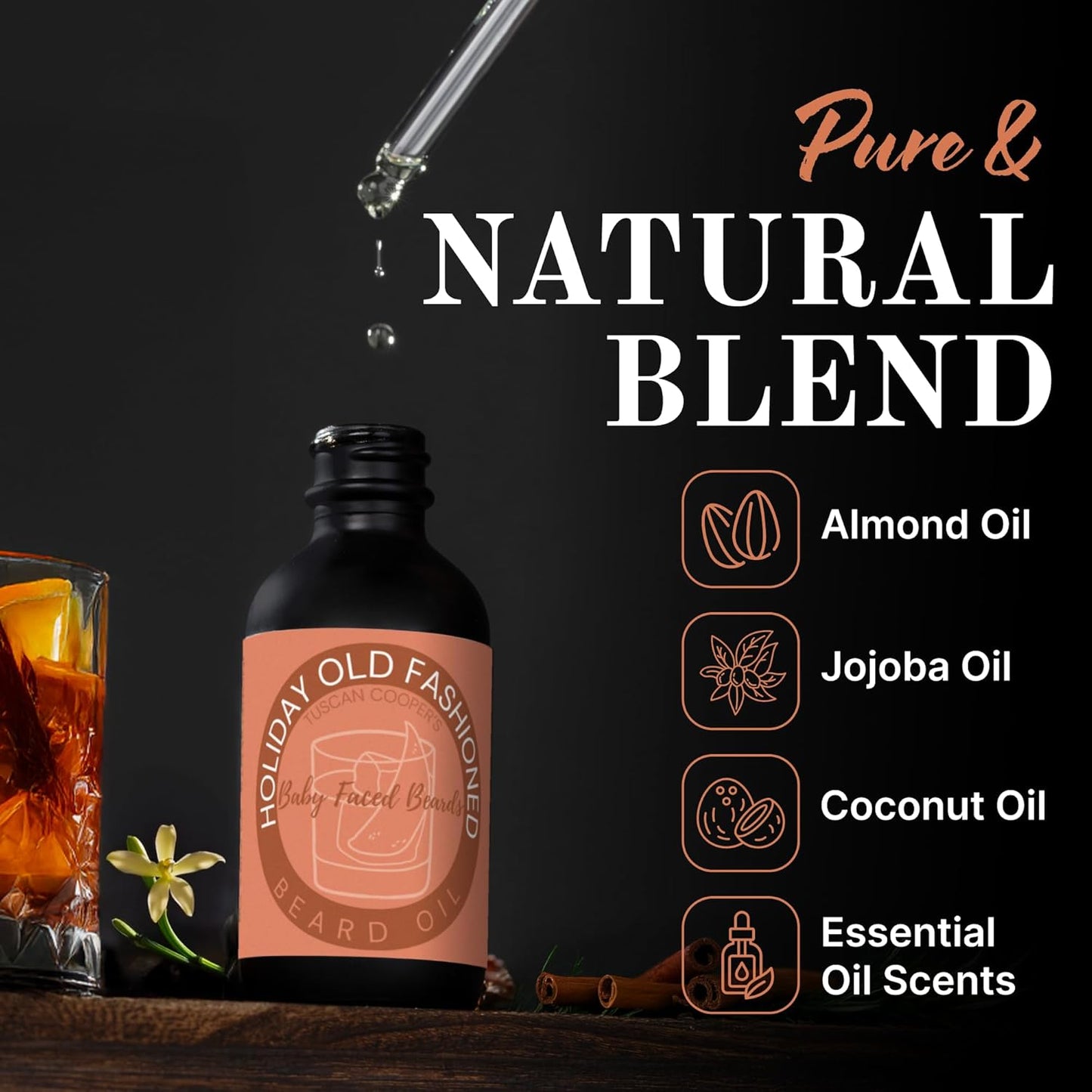 Tuscan Cooper's Baby Faced Beards Oil for Men - Hydrating, Nourishing, Natural Beard Softener and Conditioner for All Hair Types. Coconut, Jojoba, and Sweet Almond Moisture - Holiday Old Fashioned