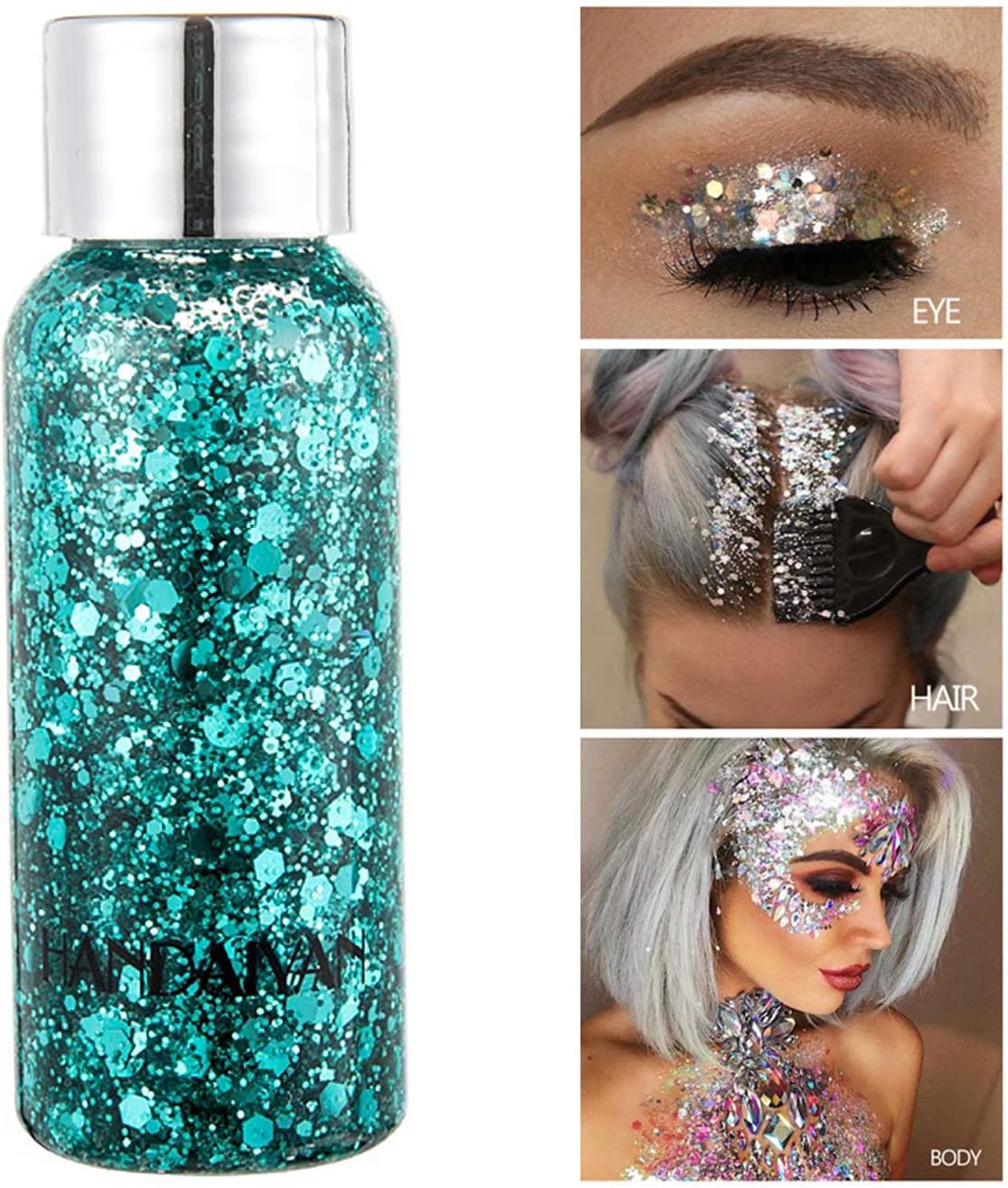 Mermaid Sequins Body Glitter Gel, Make Up Long Lasting Glitter for Body Face Hair Eyeshadow, Music Festival Party Carnival Long Lasting Face Glitter, No Glue Needed and Easy to Remove. (Green)