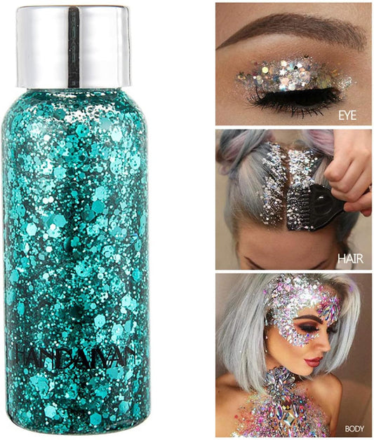Mermaid Sequins Body Glitter Gel, Make Up Long Lasting Glitter for Body Face Hair Eyeshadow, Music Festival Party Carnival Long Lasting Face Glitter, No Glue Needed and Easy to Remove. (Green)