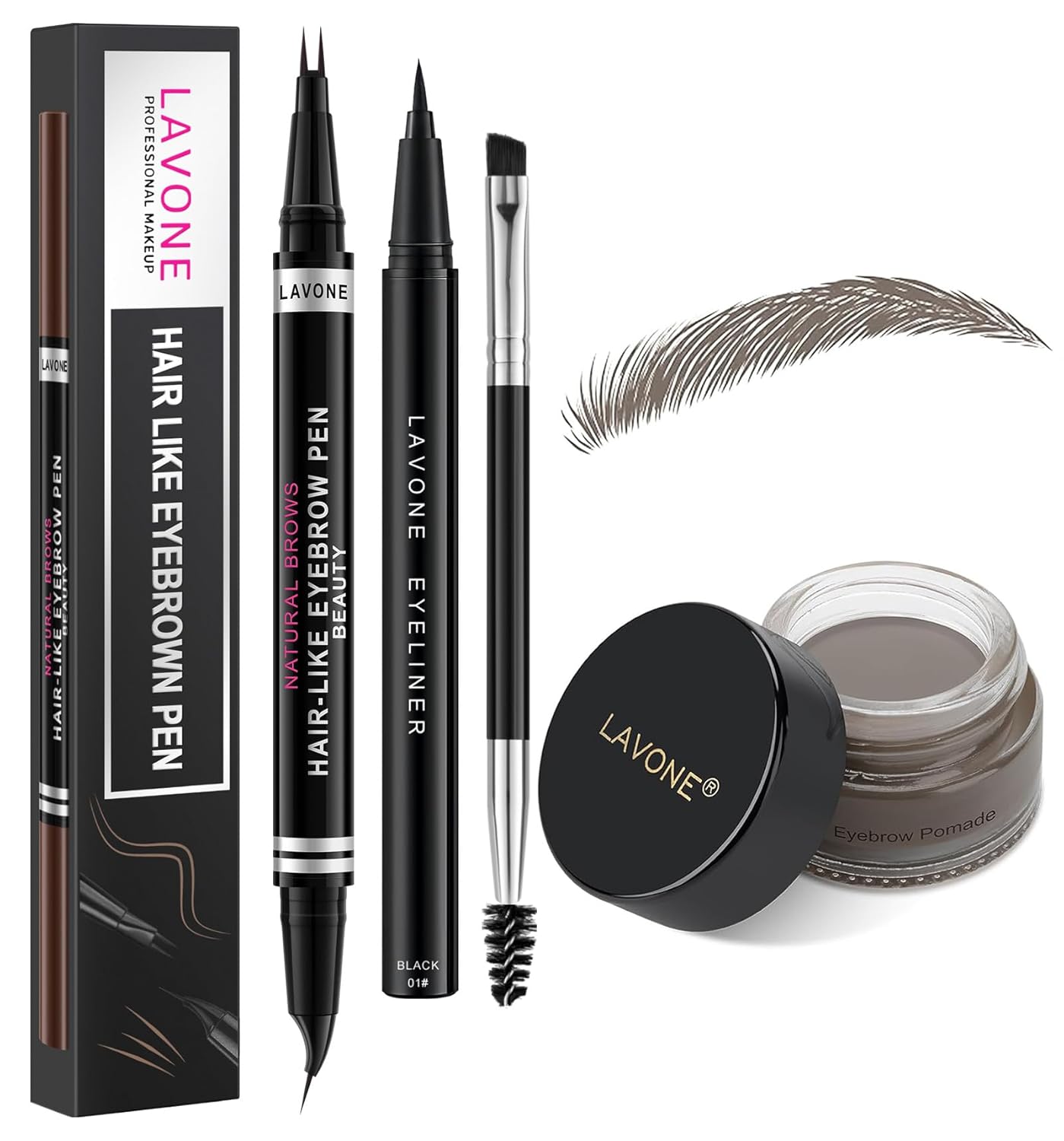 LAVONE Hair-Like Eyebrow Pen Makeup kit, Eyebrow Pencils for Women with Waterproof Microblading Eyebrow Pencil, Eyebrow Pomade, Eyeliner and Eyebrow Brush, Create Full, Natural Brows, Grey