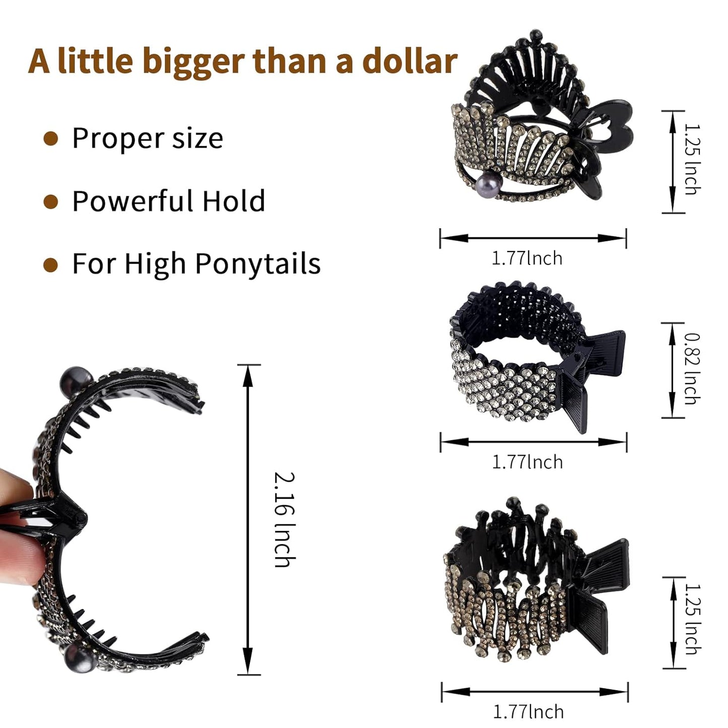 FRDTLUTHW 1.77Inch Small Hair Claw Clips for High Ponytail, Rhinestone Shark Hair Clips for Women Thick Long Hair (Black,Pack of 3)