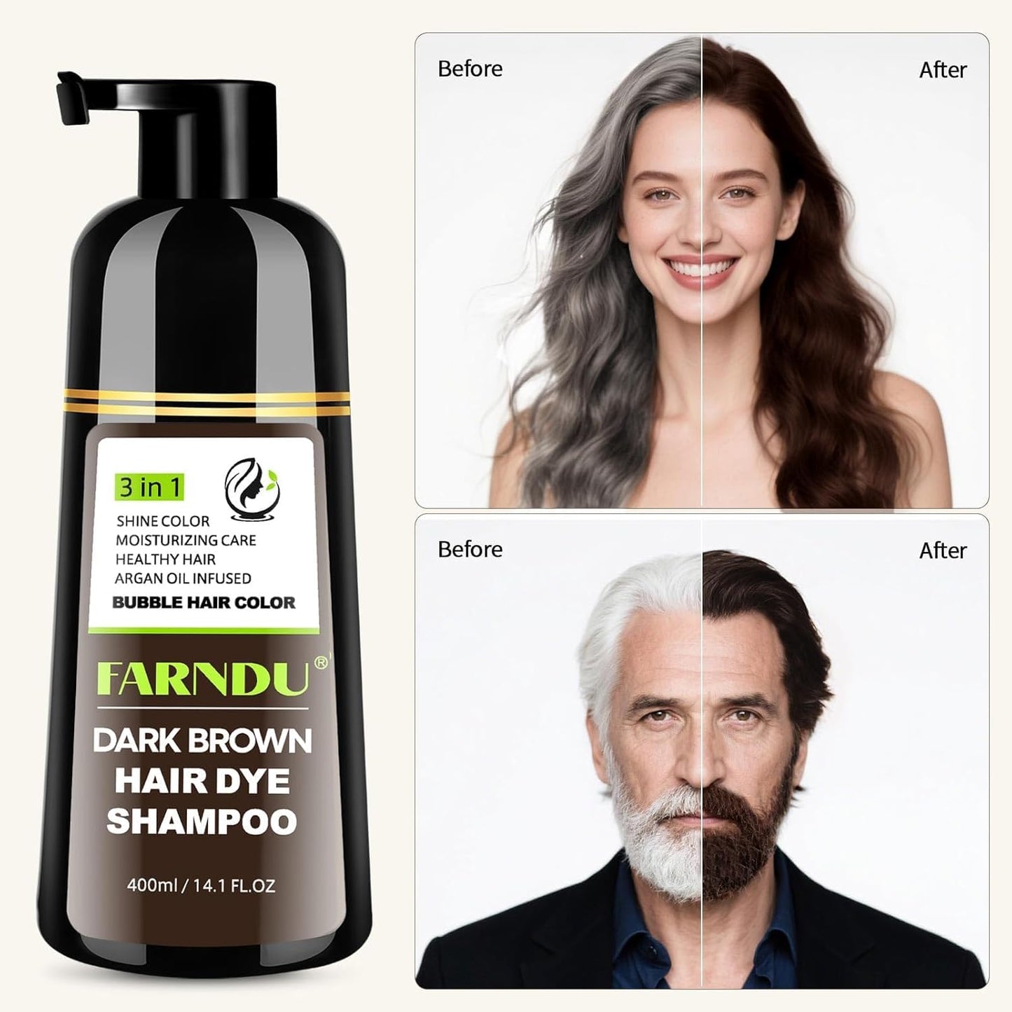 Dark Brown Hair Dye Shampoo, 3 in 1 Instant Hair Color with 15 Min Gray Coverage, Natural Semi-Permanent Herbal Shampoo for Men & Women