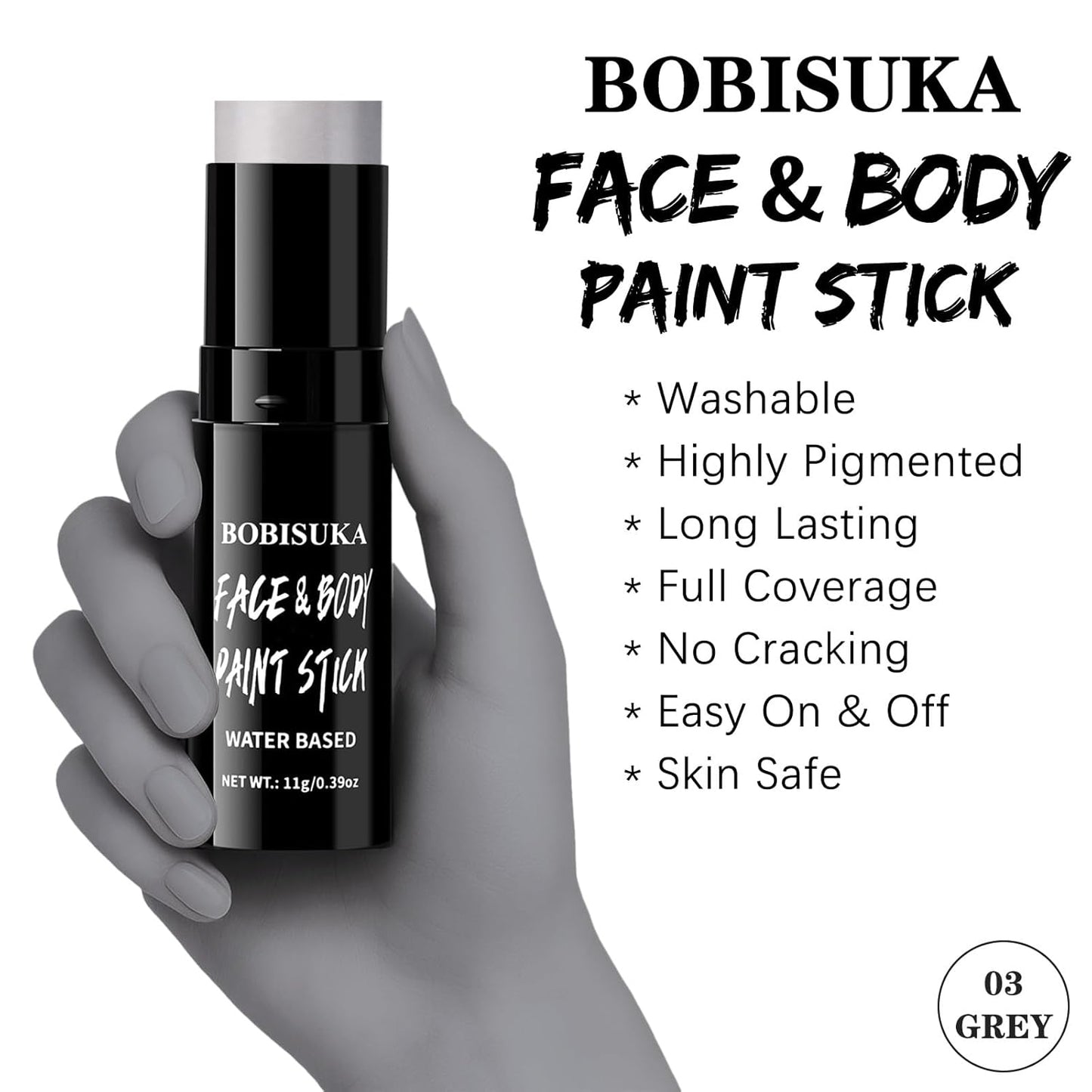 BOBISUKA Grey Face & Body Paint Stick Water-Based Washable Face Paint Makeup Stick for Halloween Skeleton, Skull, Zombie, Vampire, Cosplay, SFX, Sports Eye Black & Costume Party